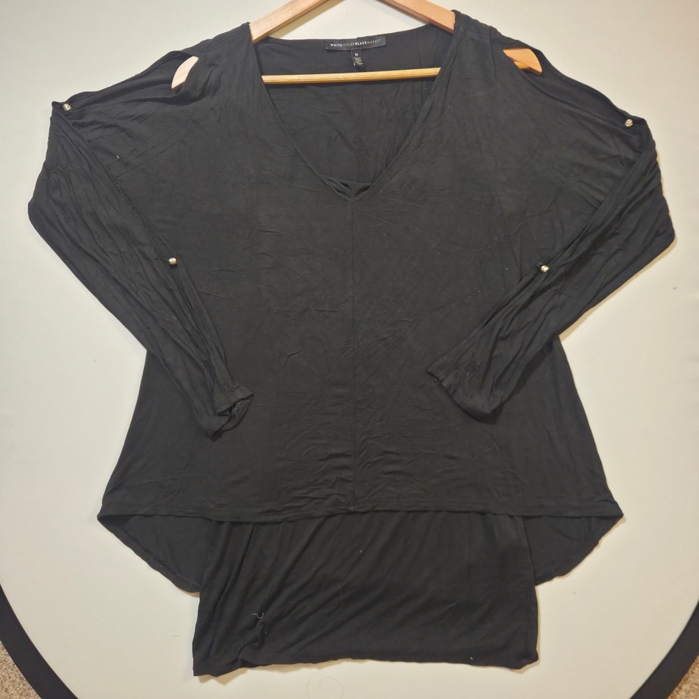 White House Black Market Black Cold Shoulder V-Neck High Low Top Womens Medium